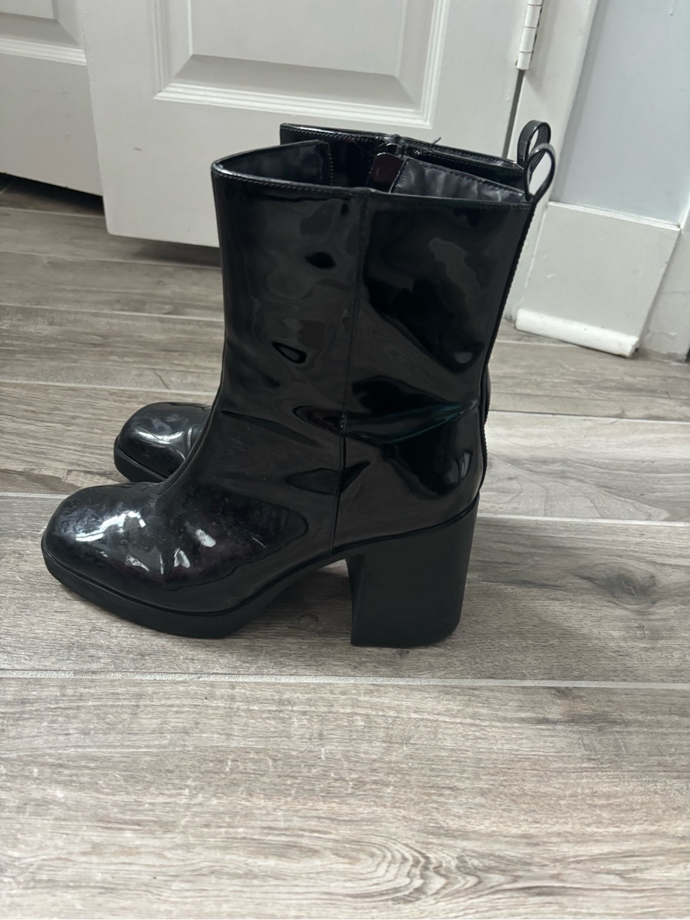 Classic Black Patent Mid-Calf Block Heel Boots - Women